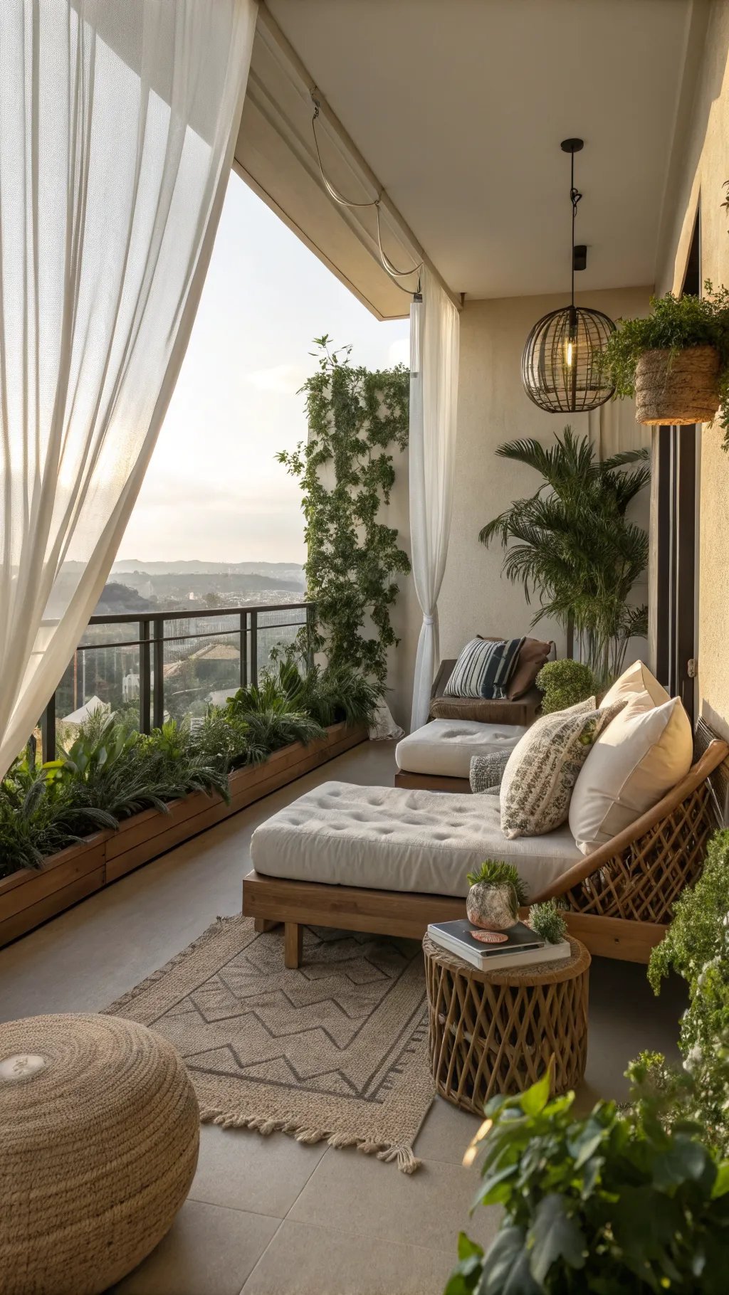 Cozy outdoor balcony with comfortable seating, plants, and soft drapes.