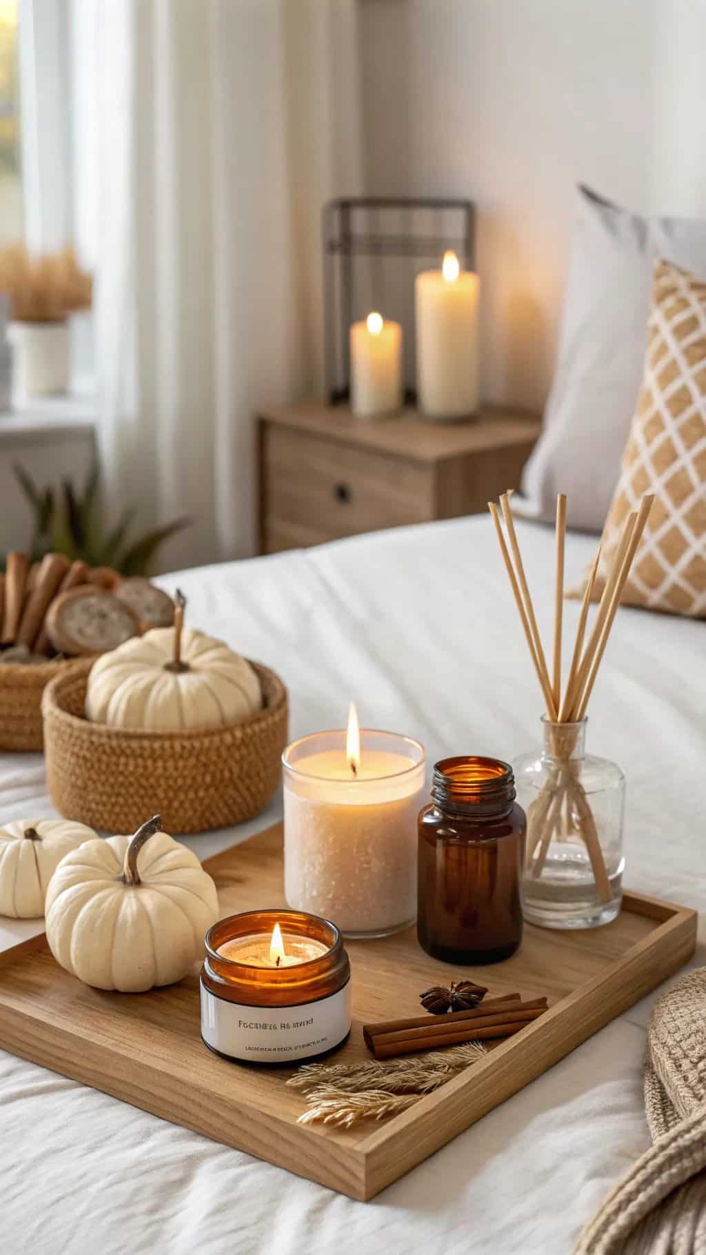 Cozy fall bedroom setup with candles, pumpkins, and floral elements