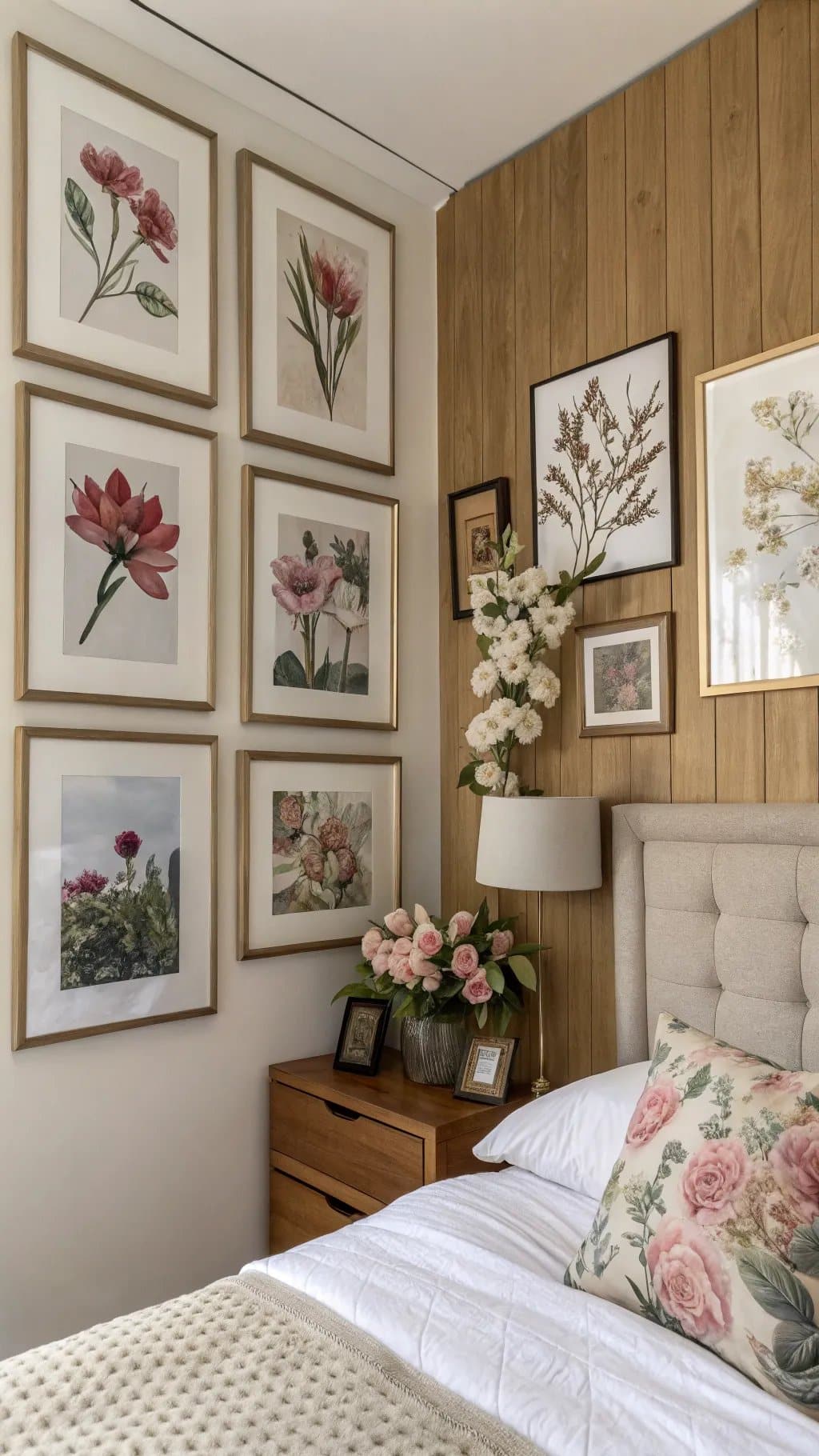 Floral gallery wall with framed artworks in a cozy bedroom.
