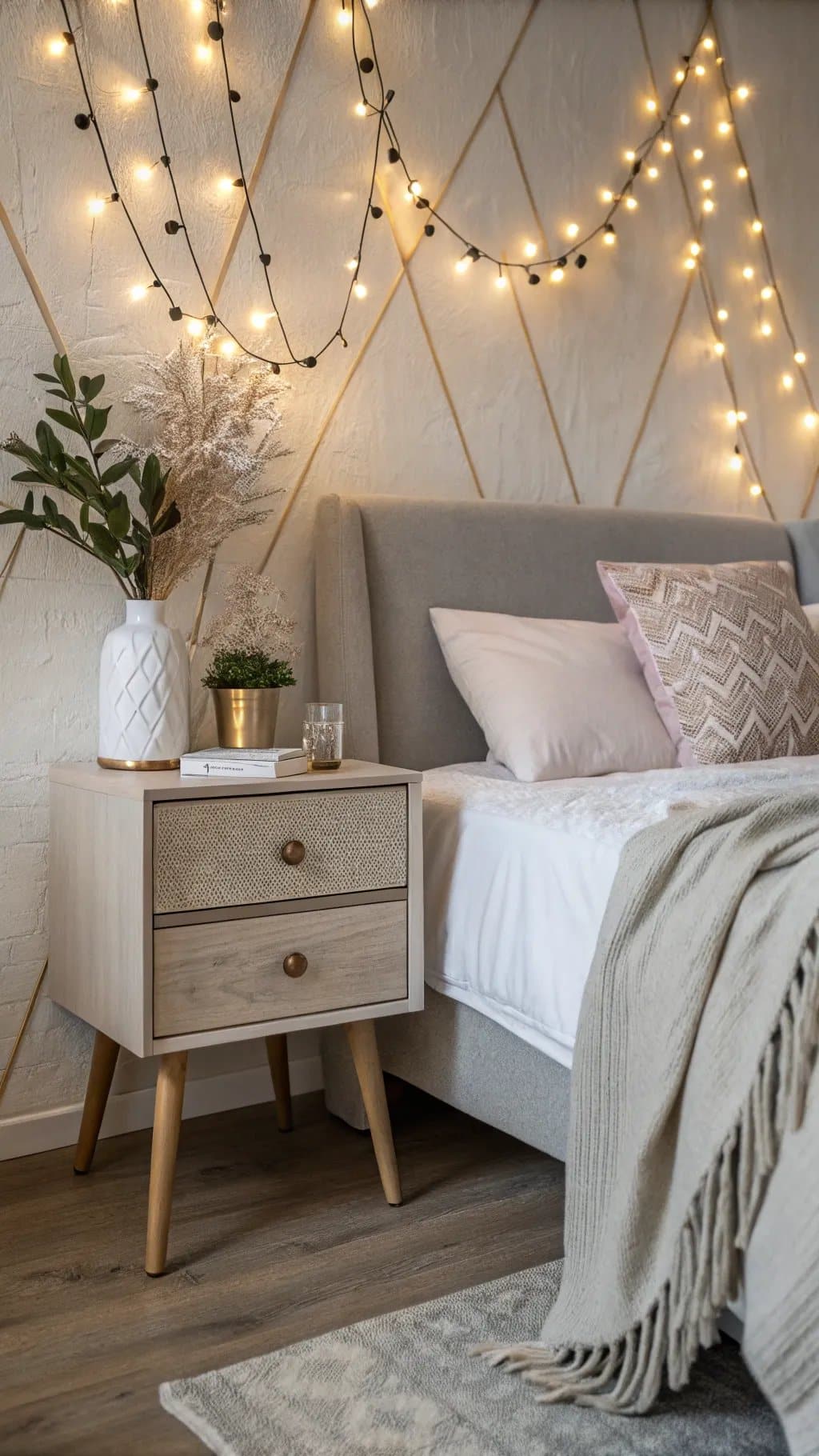 Cozy bedroom decor with whimsical string lights above the bed, complemented by neutral colors and simple furnishings.