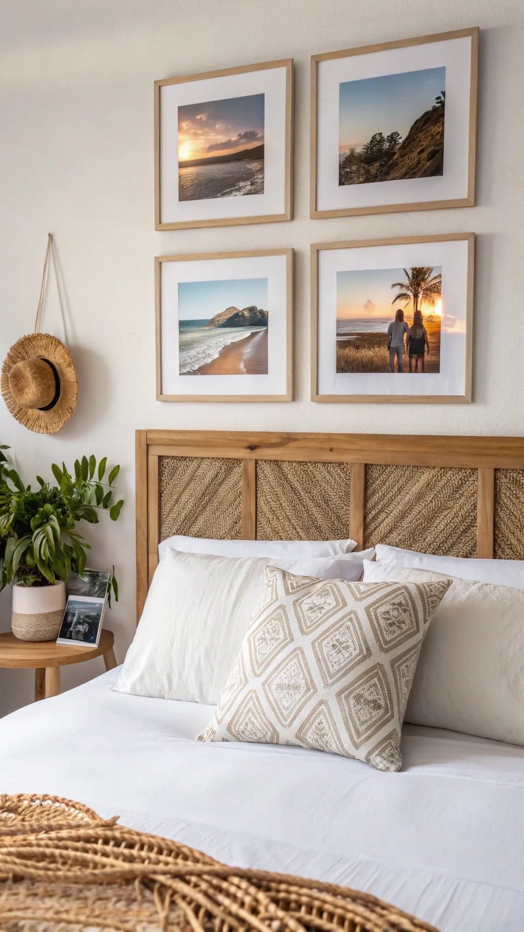 A cozy bedroom with a personalized photo collage above the bed featuring nature and family images.