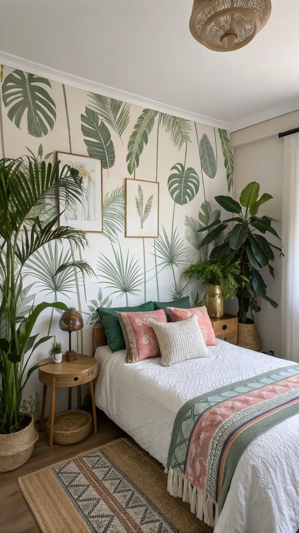 A tropical-inspired bedroom featuring botanical wallpaper, green plants, and a cozy bed with colorful pillows.