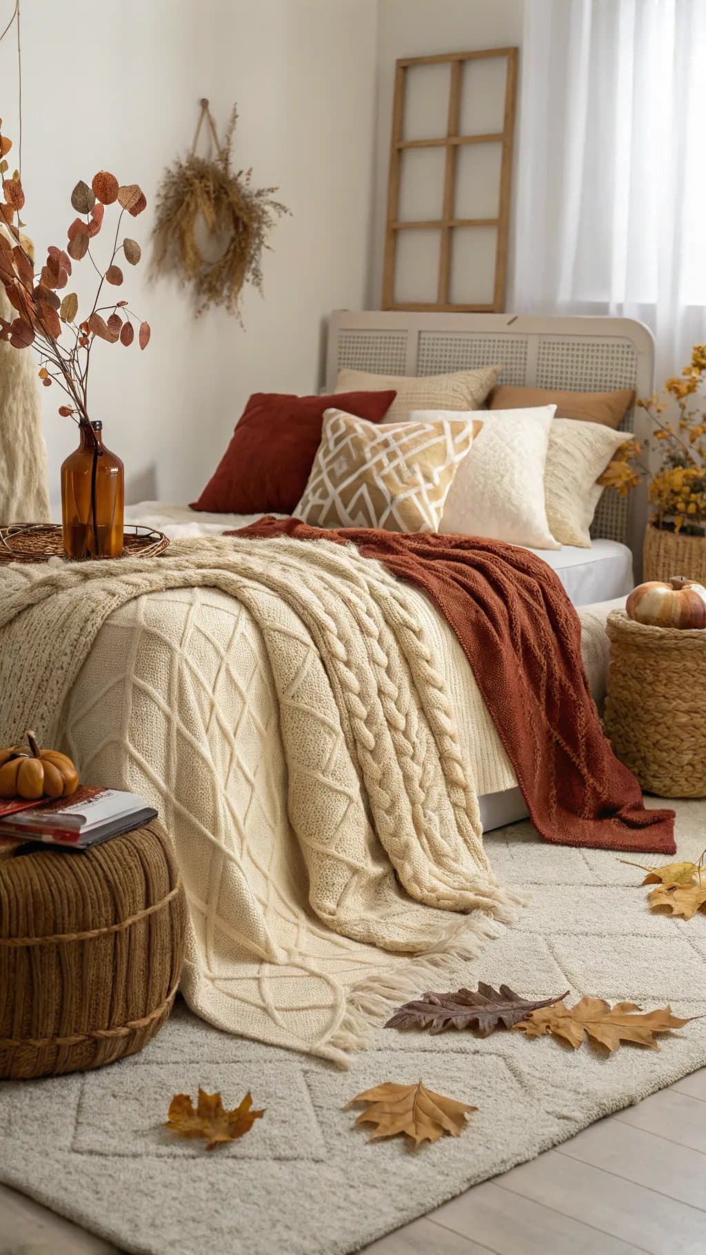 A cozy fall-themed bedroom with layered textures, featuring knitted blankets, plush pillows, autumn leaves, and warm colors.