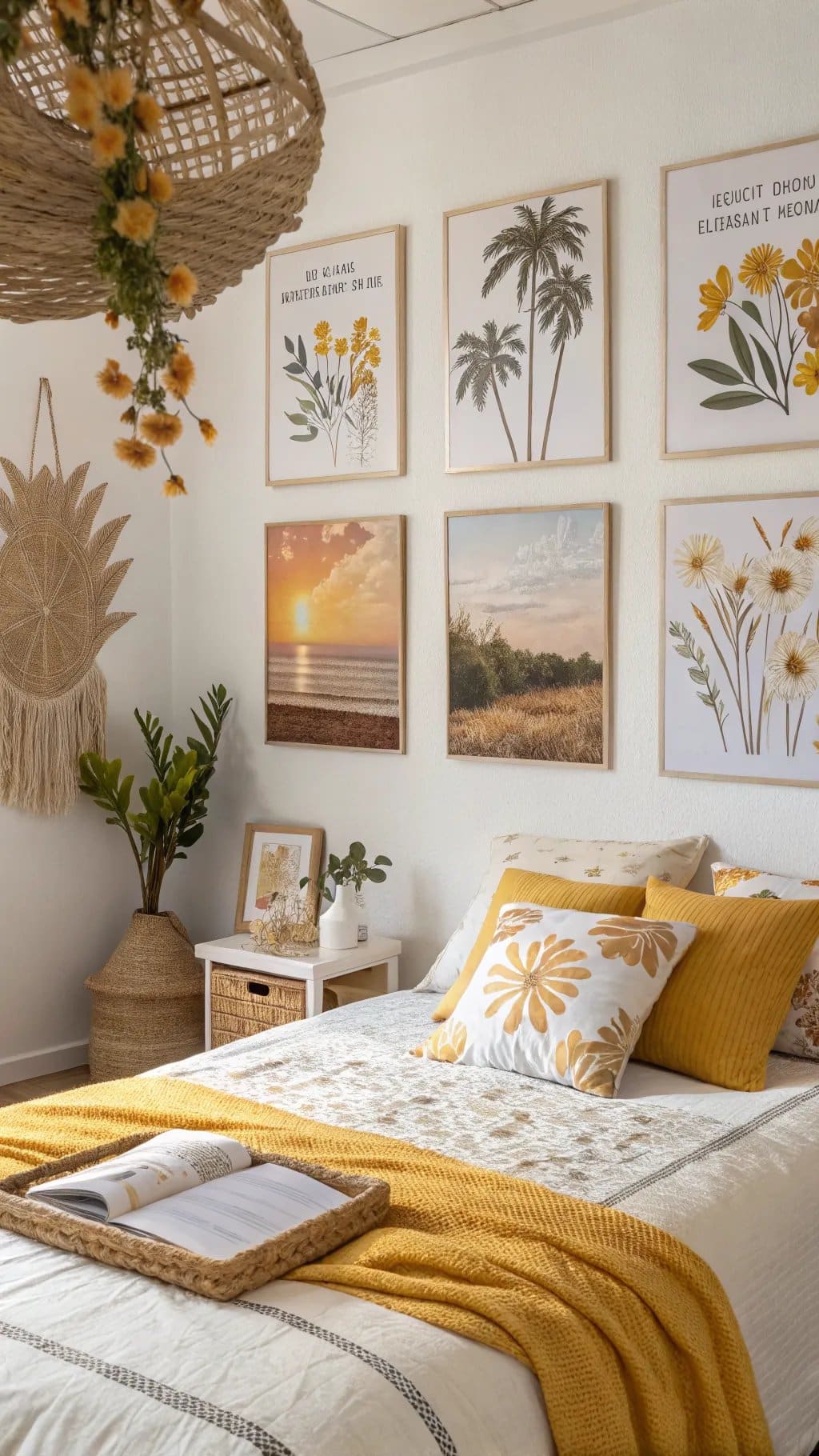 A cozy bedroom featuring seasonal artwork with yellow accents and natural decor.