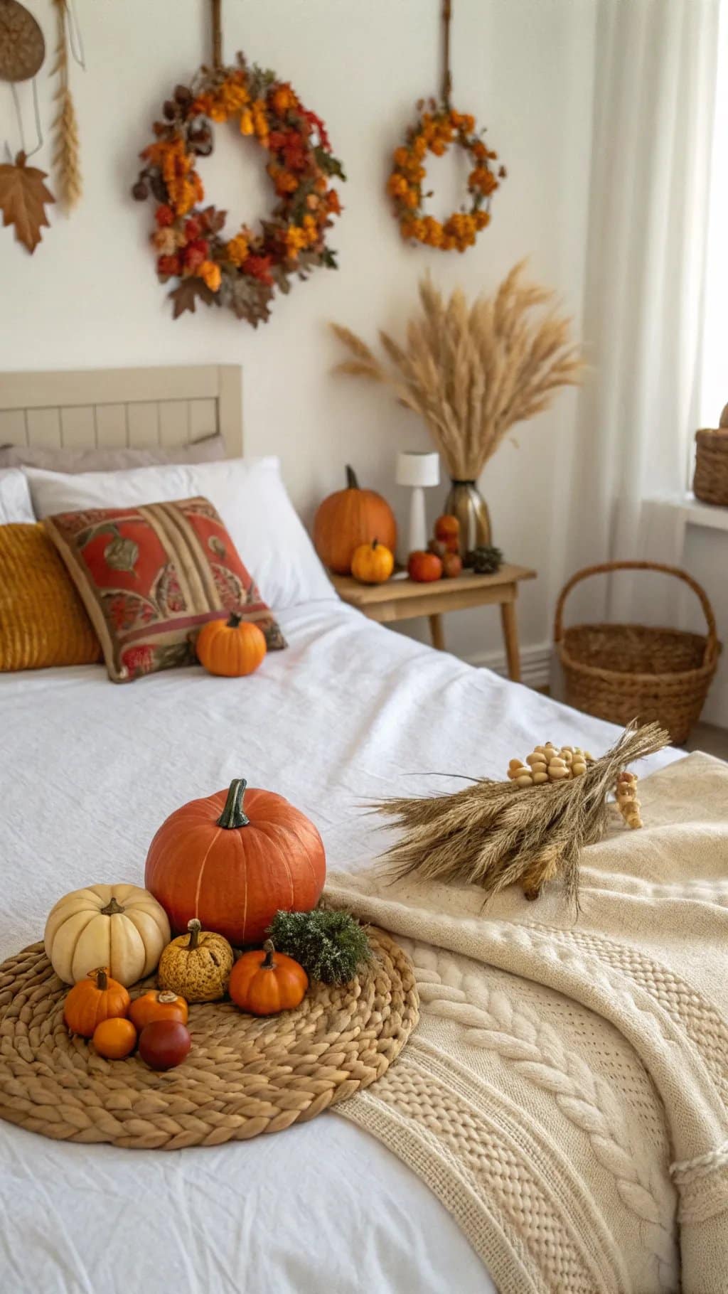 A cozy fall-themed bedroom with pumpkins, dried flowers, and warm bedding