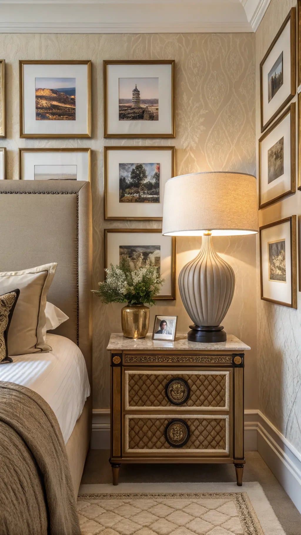 A classy bedroom with framed art on the wall, elegant lamp, and stylish nightstand.