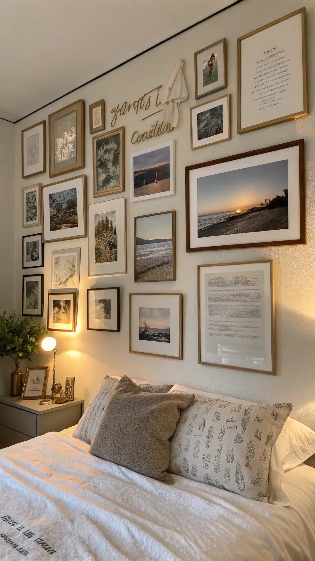 A cozy bedroom with a gallery wall featuring various framed photos and art, illuminated by soft lighting.