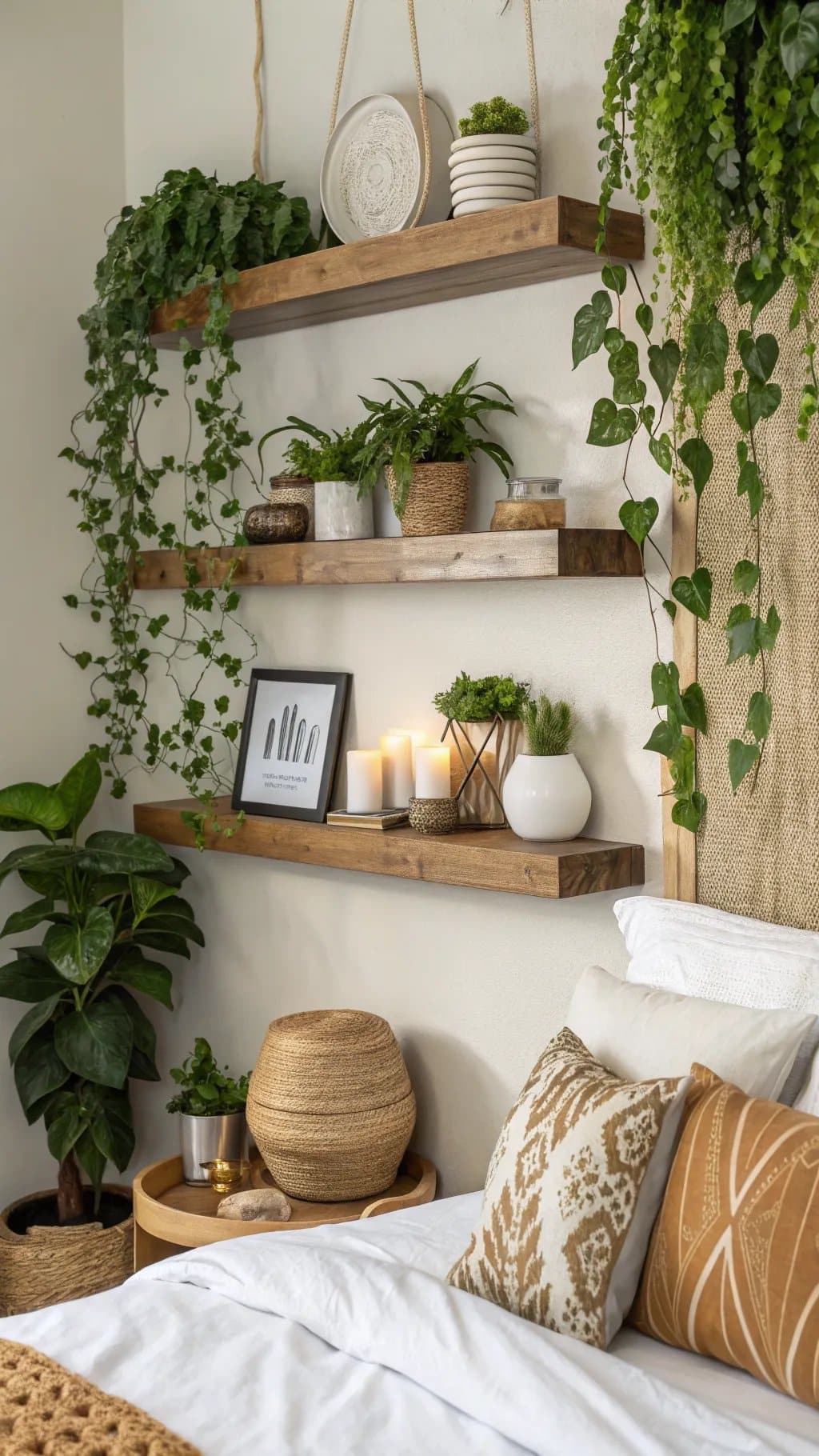 Beautiful arrangement of floating shelves with plants and decor items above a bed