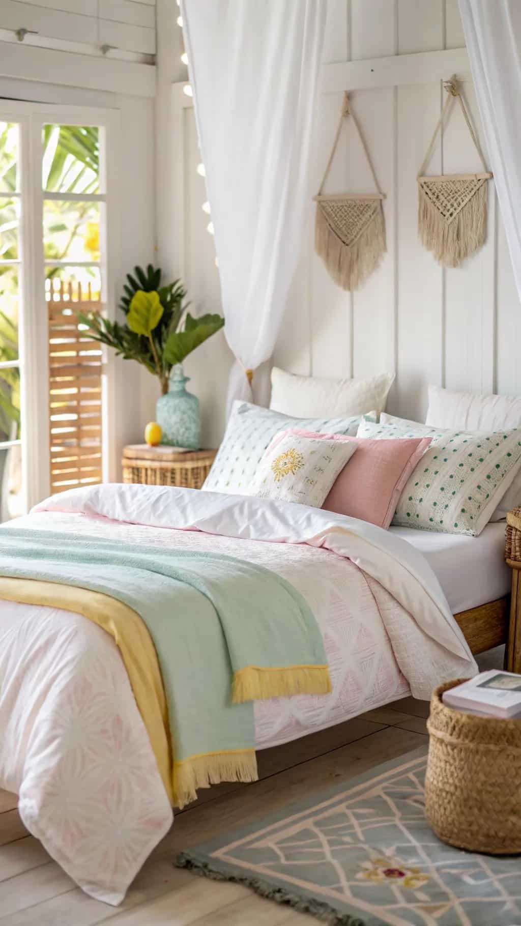 Bright and airy summer bedroom with pastel color palette, light bedding, and natural decor.