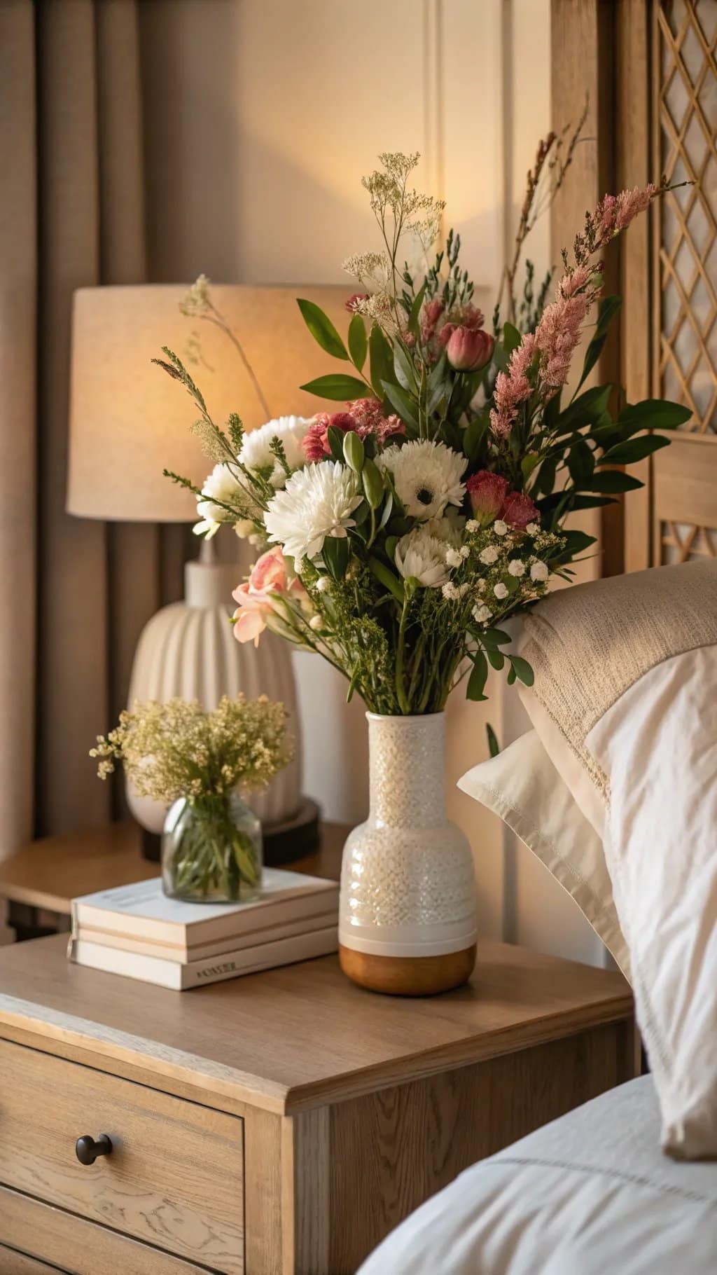 A cozy bedroom with a wooden bedside table featuring a large bouquet of seasonal flowers and a warm lamp in the background.