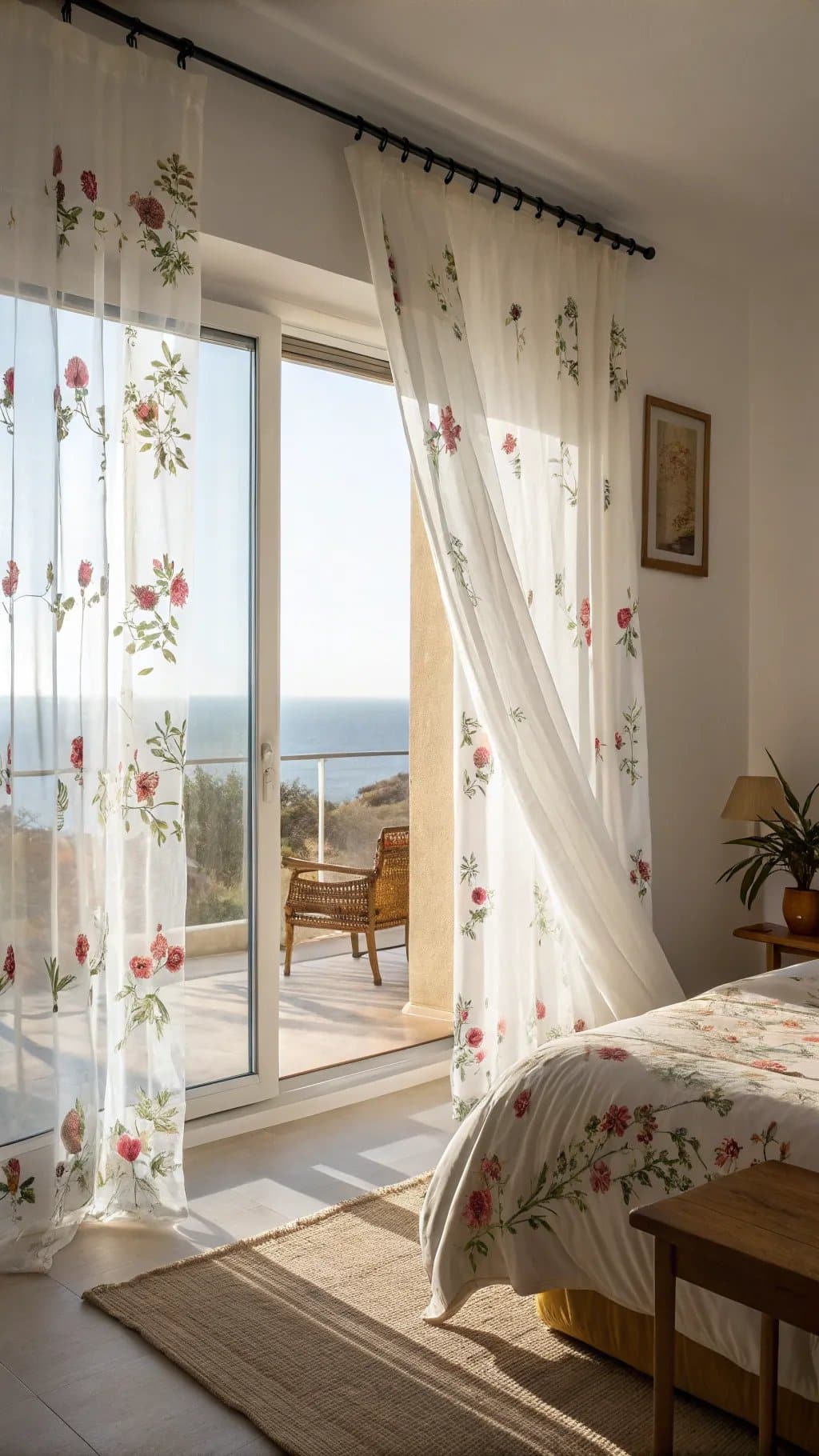 A bright bedroom featuring floral curtains that add softness and charm.
