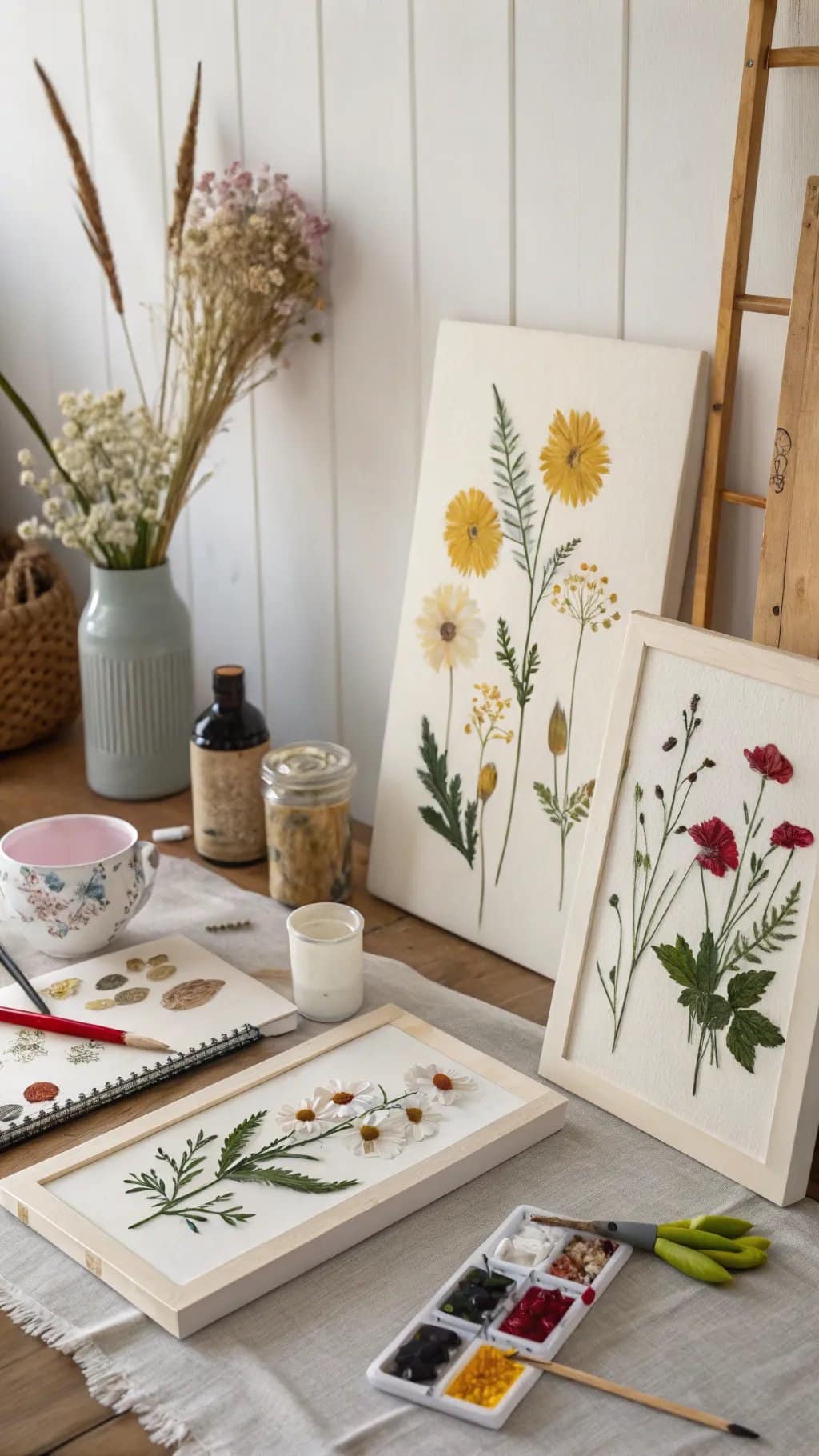 A crafting workspace with floral wall art, featuring dried flowers and painting materials.