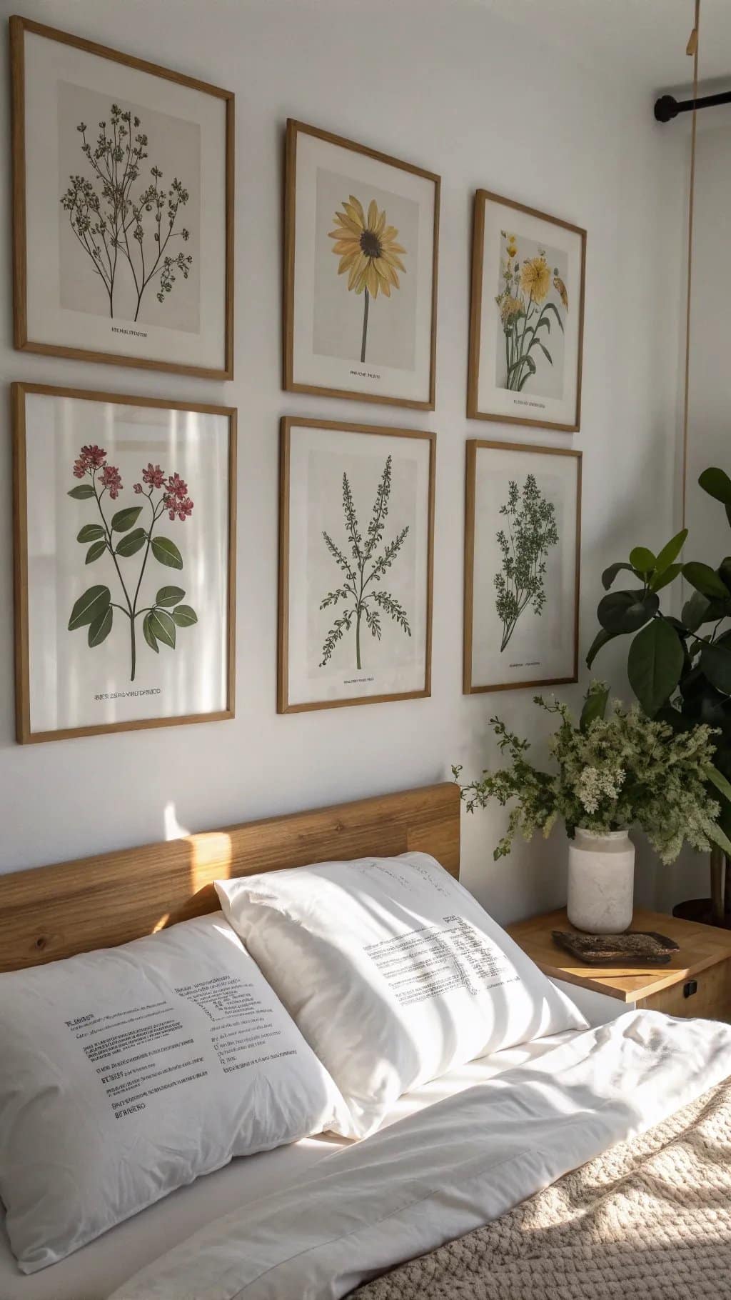 A collection of botanical prints framed on a wall above a bed, featuring various plants and flowers, enhancing the stylish bedroom decor.