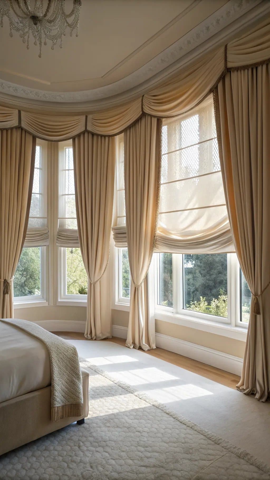 Stylish beige window treatments in a classy bedroom