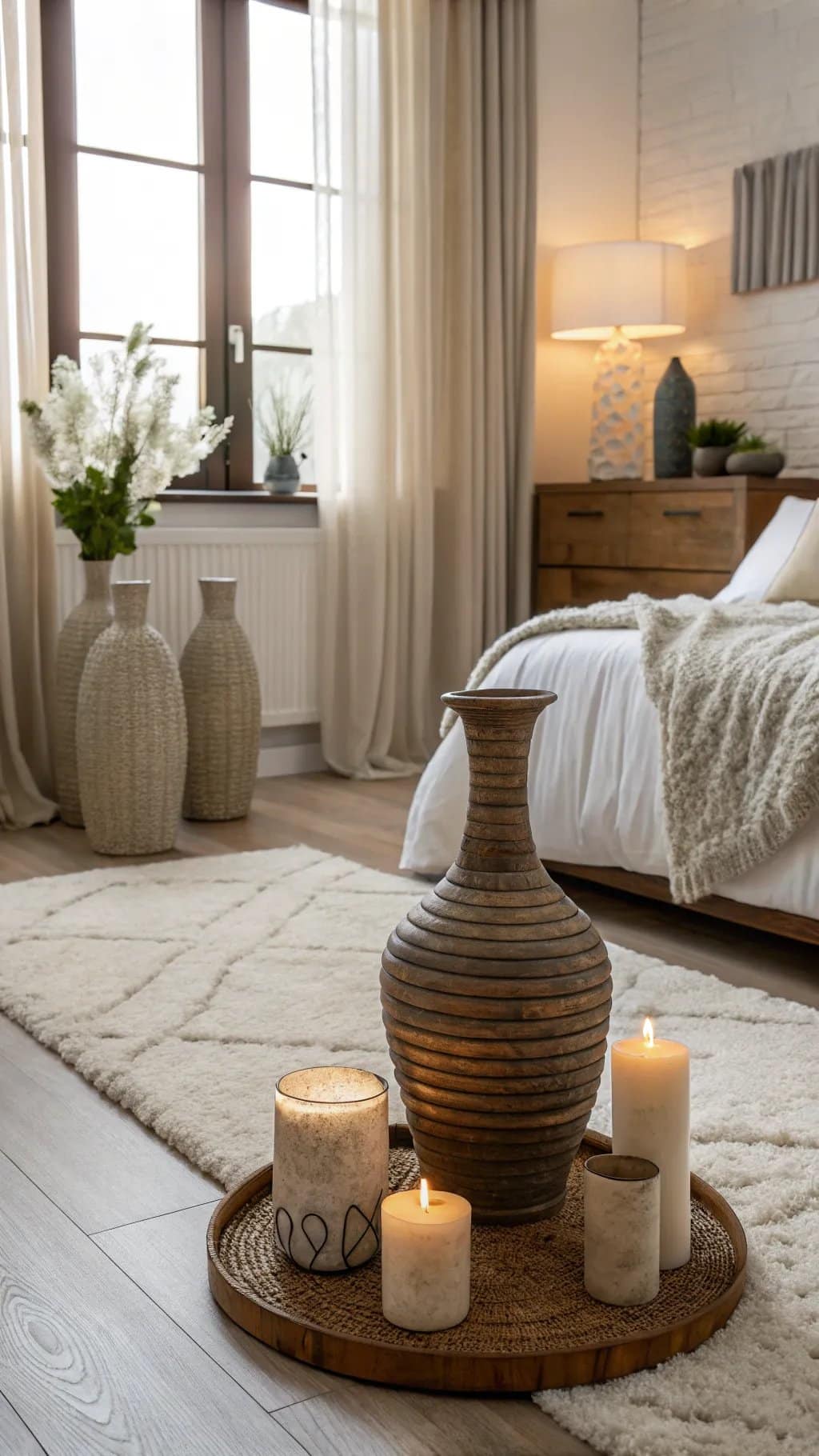 A classy bedroom featuring a textured vase, candles on a tray, and warm lighting.