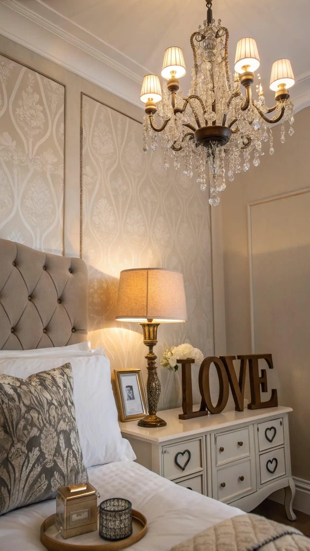 An elegant bedroom with a chandelier and a stylish bedside lamp, showcasing chic lighting fixtures.