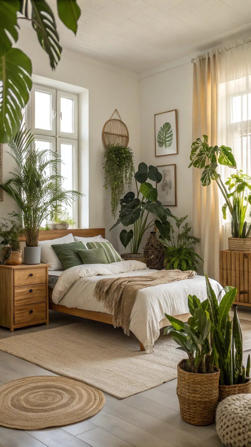 A bright and airy bedroom with various indoor plants, showcasing a blend of natural wood furniture and soft textiles.